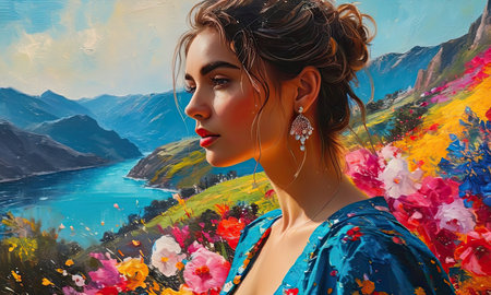 Portrait of a beautiful girl with flowers in her hair and a blue dressの素材