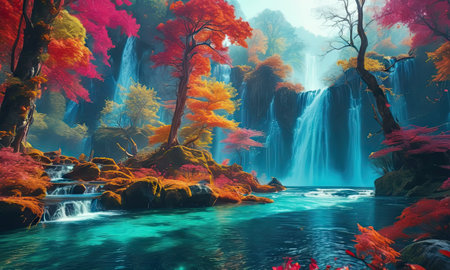 Autumn scene with waterfall and colorful leaves, 3d render.の素材