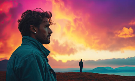 Handsome young man standing on top of a mountain and looking at the sunsetの素材