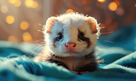 Cute ferret on color background with bokeh effect.の素材