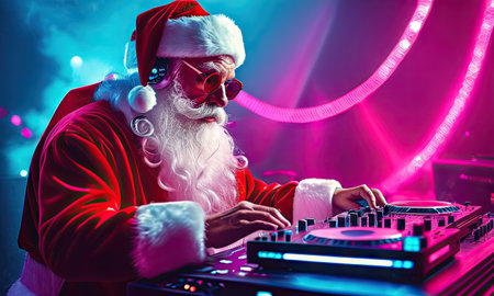 Santa Claus playing music on a turntable. Christmas concept.の素材