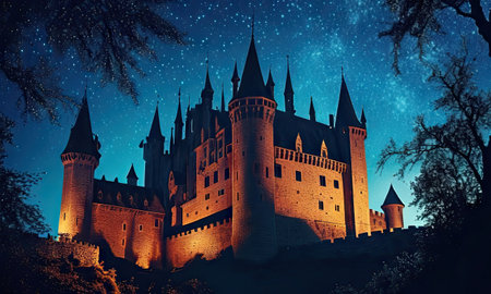 Castle at night with starry sky. Elements of this image furnished by NASAの素材