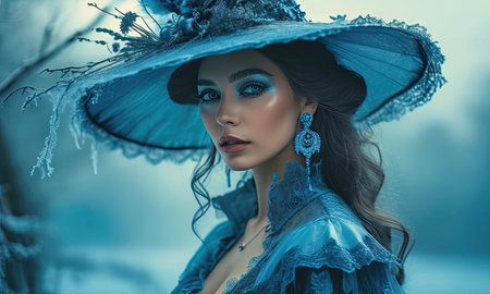 Fantasy portrait of a beautiful woman in a blue dress and hat.の素材
