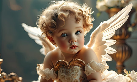 Little angel with wings on a background of a beautiful interior. Vintage style.の素材