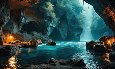 Beautiful dark cave with light at night in khao sok thailandの素材