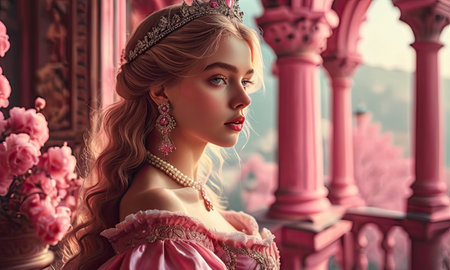 Portrait of a beautiful girl in a pink dress and a crown on her head.の素材