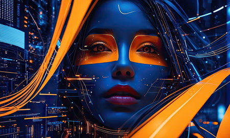 Cyborg woman portrait in futuristic cyber space. 3D Renderingの素材