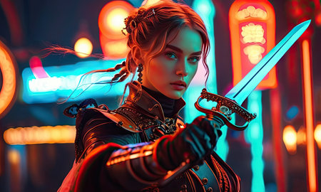 Portrait of a beautiful steampunk girl with a sword in her hands.の素材