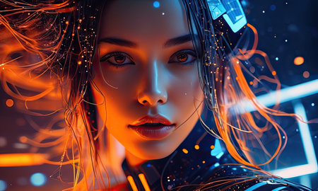 3d rendering of a female robot in futuristic cyberspace.の素材