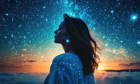 Fantasy image of young woman with long hair in night sky. Mixed mediaの素材