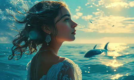 Beautiful young woman with dolphins in the ocean at sunset time.の素材