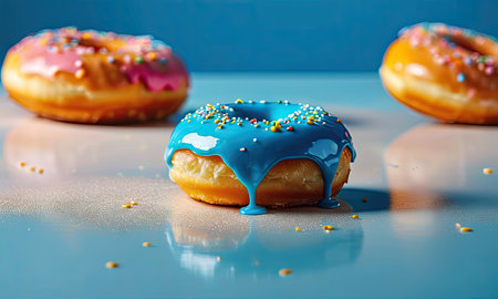Donuts with glaze and sprinkles on a blue background.の素材