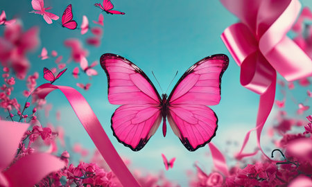 Pink butterfly with pink ribbon and flowers on blue sky background. 3d renderingの素材