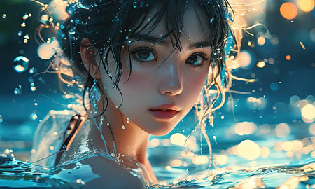 Portrait of a beautiful girl in the water. Beauty, fashion.の素材