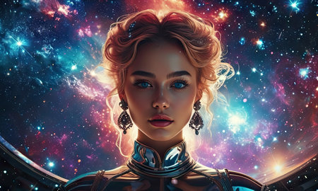 Cosmic beauty. Portrait of a beautiful girl in an astronaut costume.の素材