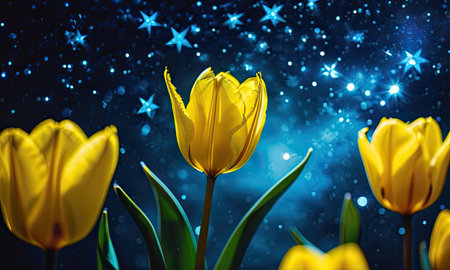 Tulip Flowers Blooming in Spring Season with Stars and Sparklesの素材