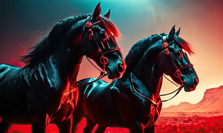 Black horses in the desert at sunset. 3D rendering. Computer digital drawing.の素材