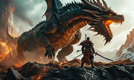 Fantasy scene with viking warrior and dragon. 3d illustrationの素材