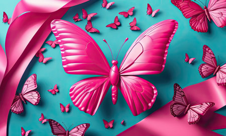 Pink butterflies and pink ribbon on blue background. 3d illustration.の素材