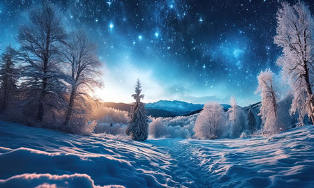 Fantastic winter landscape with snow covered trees and starry skyの素材