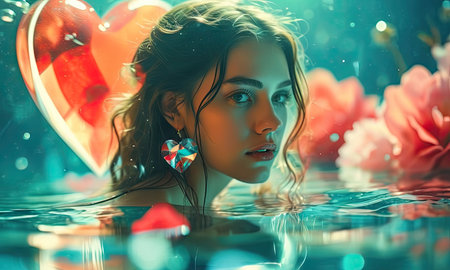 Portrait of a beautiful young woman in the water. Beauty, fashion.の素材