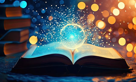 Open book with glowing globe on bokeh background, education conceptの素材