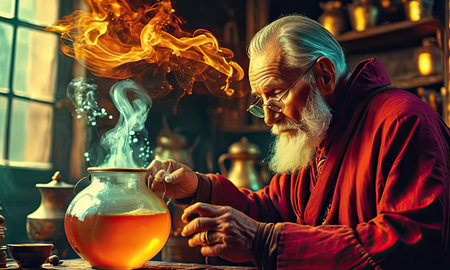 Portrait of an old man making tea in his home kitchen.の素材