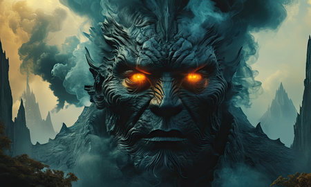 Fantasy landscape with a monster. 3d rendering. Computer digital drawing.の素材