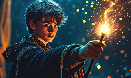 Portrait of a boy in medieval costume holding a burning sparkler.の素材