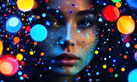 Portrait of a beautiful young woman with bokeh lights on her face.の素材