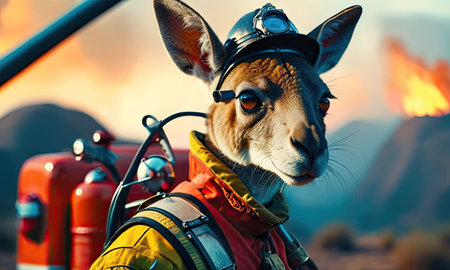 Kangaroo with fire fighting equipment in the background at night.の素材