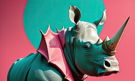 Rhinoceros statue with pink and green colors. 3d renderingの素材