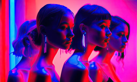 Portrait of beautiful fashion women in neon light. Studio shot.の素材
