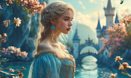 Beautiful young woman in fantasy castle. Fairy tale. Fantasy world.の素材