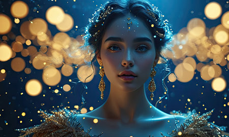 Fashion portrait of a beautiful woman with gold jewelry. Jewelry and Beauty.の素材