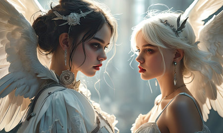 Portrait of two beautiful women with angel wings. Fashion photo.の素材