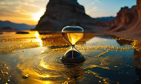 Sandglass in the desert at sunset. Sand clock in the desertの素材