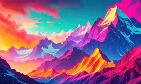 Mountains with snow and colorful sky. 3d render illustration.の素材