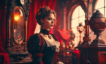 Portrait of a beautiful steampunk woman in a luxurious interior.の素材