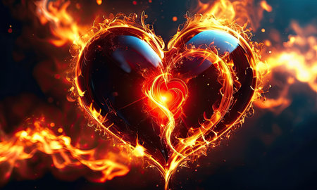 Heart in fire. Valentine's day background. 3D illustration.の素材