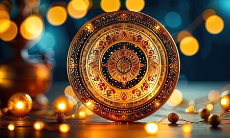 Decorative plate on a wooden table. Bokeh background.の素材