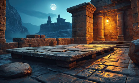 Ancient ruins of the temple in the mountains at night. 3d renderingの素材