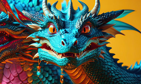 Colorful dragon statue on yellow background, close-up view.の素材