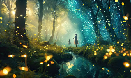 Young couple in love in the forest with fairy lights. Fairytale sceneの素材
