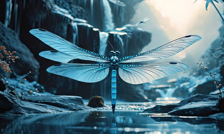 Beautiful dragonfly on the background of a waterfall. 3d renderingの素材