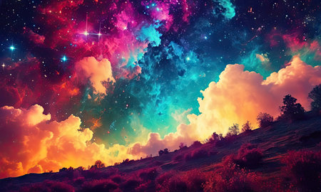 Fantasy landscape with mountains, stars and nebula. Collage.の素材