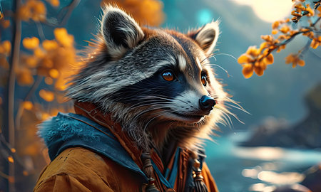 portrait of a raccoon on the background of the autumn forestの素材