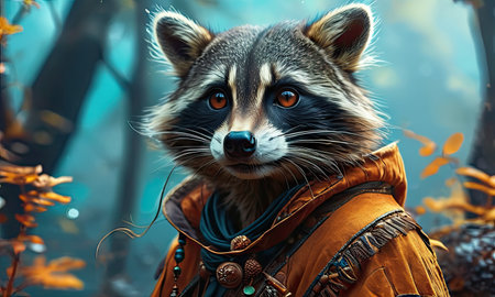 Portrait of a raccoon in the forest. 3d renderingの素材