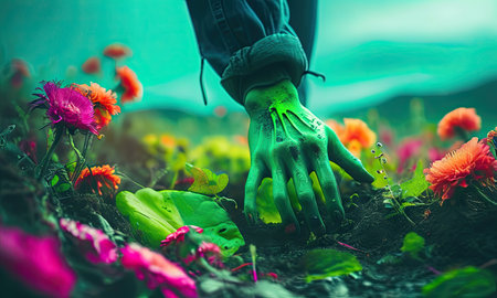 Hands of a woman planting flowers in the garden. Selective focus. nature.の素材