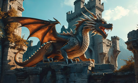 Fantasy dragon statue on the background of the medieval castle. 3d renderingの素材